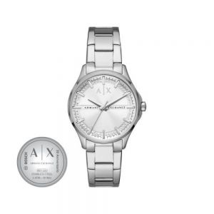 RELOJ DAMA MARCA ARMANI ACERO INOXIDABLE EXT. METAL CARATULA PLATA GRABADO LASER EN TAPA
